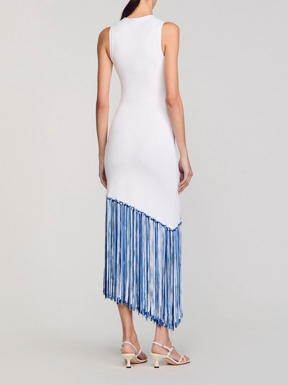 Sandro White Sleeveless Midi Dress with Blue Ombre Fringe size 42